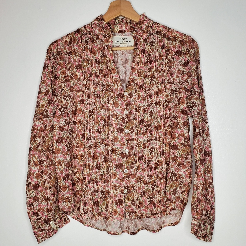Birds of Paradise by Trovata Floral Button Down Long Sleeve Blouse Size XS